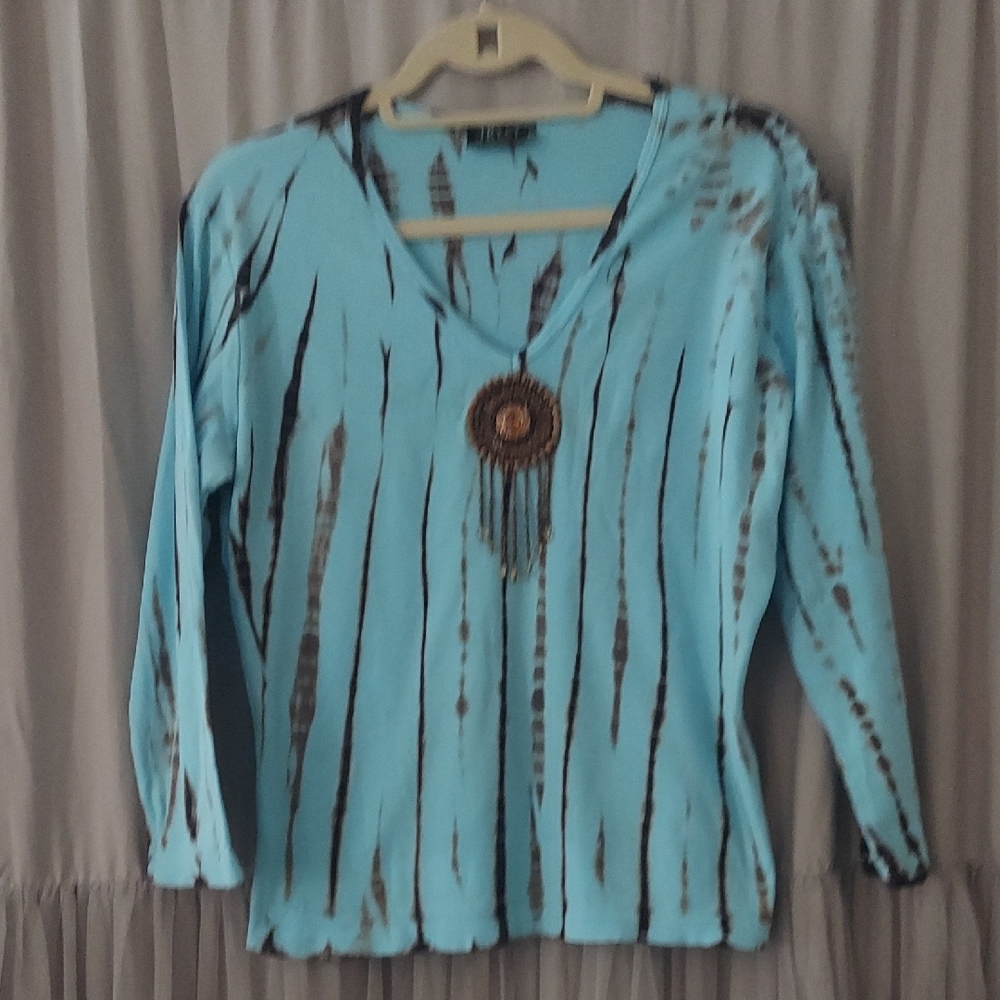 Tryst Blue Tie-Dye Embellished V-Neck Top XL